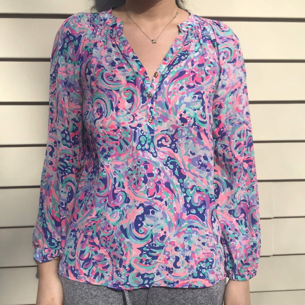 Lilly Pulitzer blue pink and green Elsa Silk Shirt